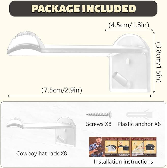 SelfTek 2.9 Inch Cowboy Hat Rack for Wall - 8 Pack Hat Hooks & Holder Hanger, Heavy Duty Adhesive Wall Mount, Western Room Decor for Baseball Cowboy, Sun Hats, Fedora, Wide Brim Hats (Clear)