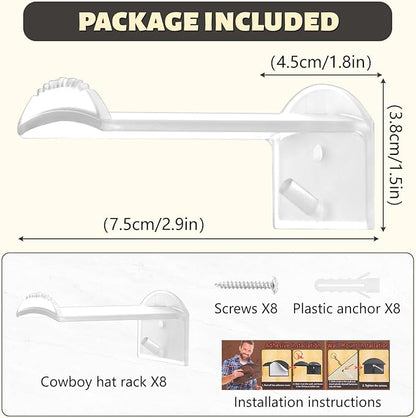 SelfTek 2.9 Inch Cowboy Hat Rack for Wall - 8 Pack Hat Hooks & Holder Hanger, Heavy Duty Adhesive Wall Mount, Western Room Decor for Baseball Cowboy, Sun Hats, Fedora, Wide Brim Hats (Clear)