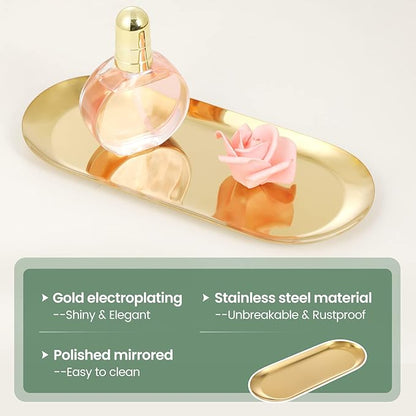 2PACK Gold Decorative Tray, Bathroom Vanity Tray for Dresser Counter, Stainless Steel Jewelry Dish Tray for Decor, Perfume Ring Key Candle Organizer Tray, Oval