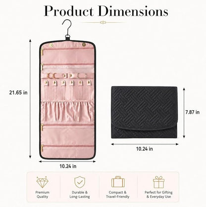 Jewelry Organizer with Hanger,Hanging Jewelry Organizer, Portable Travel Jewelry Bag,Foldable Storage for Earrings, Rings, and Watches; Can Be Hung on Wardrobes, Walls, or Doors, Black