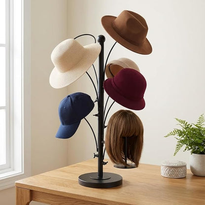 DYRABREST 5 Round Hooks Hat Stand, 28" H Metal Hats and Wigs Display Rack with Adjustable Height, Baseball Cap Organizer Headwear Rack for Home Closet Retail Store (Black, 5 Hooks)