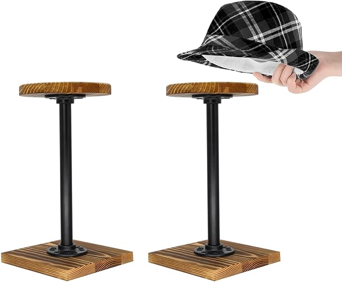 Owlgift Rustic Burnt Wood Hat Stand and Wig Display Rack, 2pcs 11.2” Hat Stands with Industrial Metal Pipe for Display, Square Barbell Base Display, Hat Rack Stand for Display Jewelry Watch Ring Bracelet Helmet