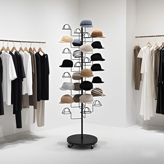 Hat Rack Stand, Metal Hats Display Stand, Standing Hat Rack, Hat Tree Stand with 30 Circular Hooks, Ball Cap Storage Organizer Rack for Stores/Home(Black)