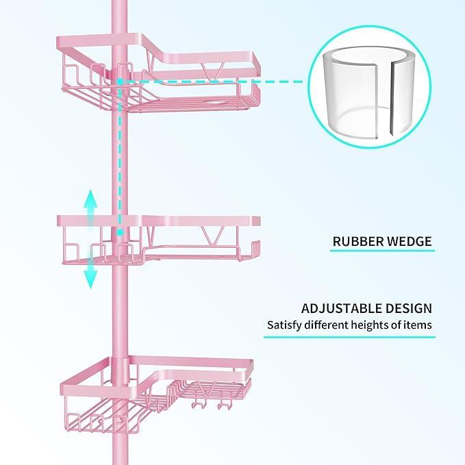 DAOYA Corner Shower Caddy Tension Pole - Pink - Rustproof Adjustable Bathroom Organizer Shelf for Shampoo, 25–114.2 Inch Shower Rack for Renters, Apartments