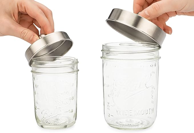 Jarmazing Products Apothecary Lid Storage Set with Ball Mason Jars - Farmhouse Home Decor for Vanity Organization - Luxury Bathroom, Kitchen and Office Accessories - Stainless Steel - Two Pack