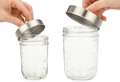 Jarmazing Products Apothecary Lid Storage Set with Ball Mason Jars - Farmhouse Home Decor for Vanity Organization - Luxury Bathroom, Kitchen and Office Accessories - Stainless Steel - Two Pack