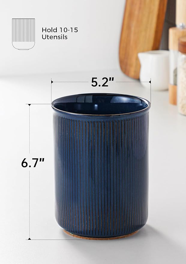 LoeJan Utensil Holder, Extra Large Utensil Crock, Stable Ceramic Utensil Organizer, Cooking Tool Organizer Set for Kitchen Counter Farmhouse Décor, Flambe Blue