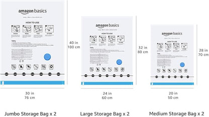 Amazon Basics Vacuum Storage Bags for Clothing, Multiple Sizes Compression Zipper Bags with Hand Pump for Space Saving and Travel, 6-Pack (2 Medium, 2 Large, 2 Jumbo), Transparent