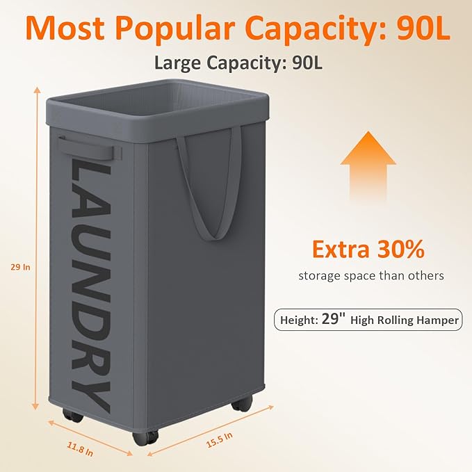 Optish Laundry Basket with Wheels, 90L Rolling Laundry Hamper with Wheels, Large Clothes Hamper on Wheel with Removable Mesh Bag for Bedroom, Bathroom, Dorm, Grey
