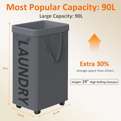 Optish Laundry Basket with Wheels, 90L Rolling Laundry Hamper with Wheels, Large Clothes Hamper on Wheel with Removable Mesh Bag for Bedroom, Bathroom, Dorm, Grey