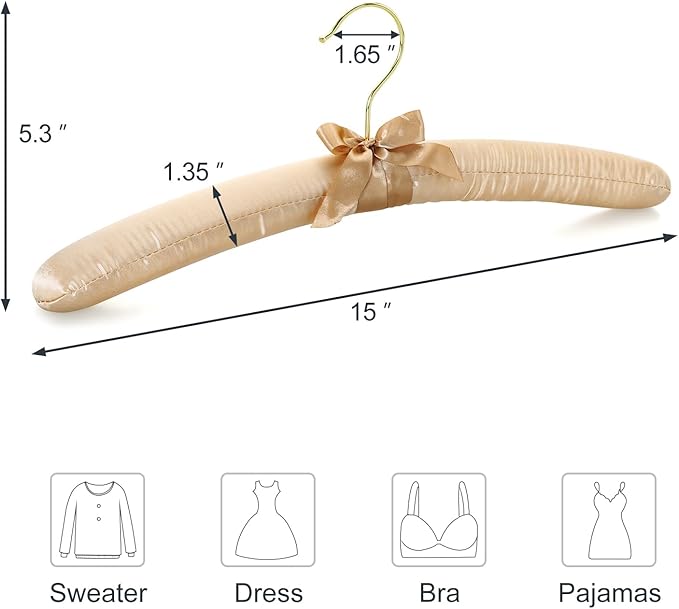 TOPIA HANGER Padded Hangers for Women Clothing, 10-Pack Thick Foam Padded Satin Hangers No Shoulder Bump for Sweaters, Coat, Blouses, Dresses (Champagne Gold), CT18CP10