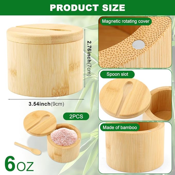 2Pcs Bamboo Salt and Pepper Bowls, Bamboo Salt Cellar Spice Box with Magnetic Swivel Lids and Spoons, Seasoning Containers for Salt, Pepper, Sugar, Spice
