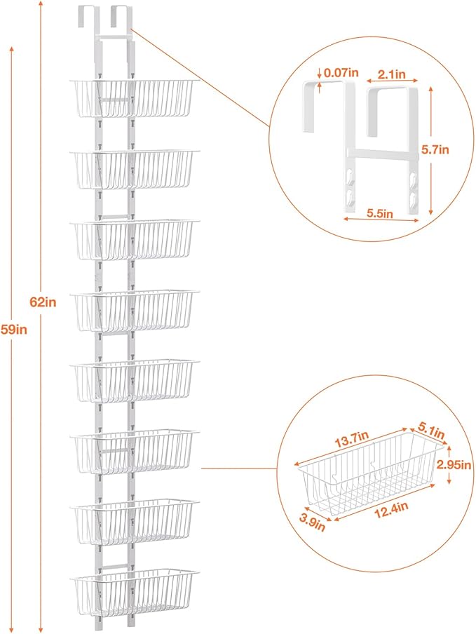 8 Tier Over the Door Pantry Organizer, Over the Door Spice Rack with Adjustable Baskets, Metal Hanging Door Pantry Organizers and Storage for Kitchen Bathroom Bedroom, White