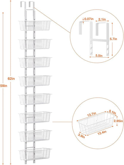 8 Tier Over the Door Pantry Organizer, Over the Door Spice Rack with Adjustable Baskets, Metal Hanging Door Pantry Organizers and Storage for Kitchen Bathroom Bedroom, White