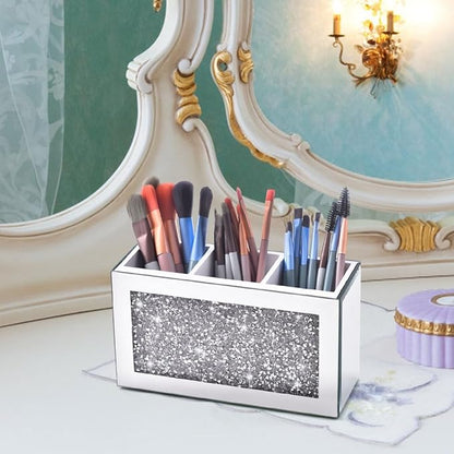 Mirrored Makeup Brush Holder Organizer, 3 Compartments Cosmetic Brush Storage Holders, Crushed Diamond Remote control holder, Pen and Pencil Holder for Desk, Eyeliners Display Case for Vanity