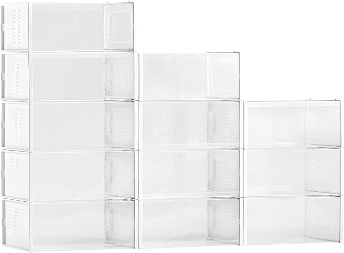 VEVOR Shoe Storage Boxes, 12 Pack Stackable Shoe Boxes Storage Organizers, Fit up to US Size 11, Plastic Modular Space Saving Sneaker Containers for Storing High Heels, Boots, and Hats, White Frame