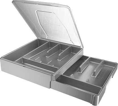 Double Layer Silverware Organizer with Lid, Utensil Holder with Cover, Flatware Cutlery Storage Oranizer, Gray