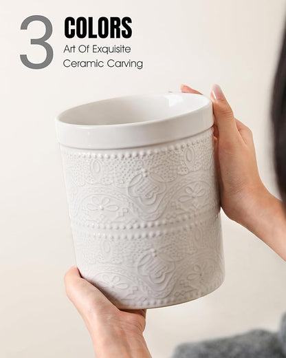 FUN ELEMENTS Kitchen Utensil Holder, 7.2+5.5" Super Large Utensil Crock Heavy and Stable Lace Emboss Ceramic Utensil Holder for Kitchen Counter(2Pcs Bright White)