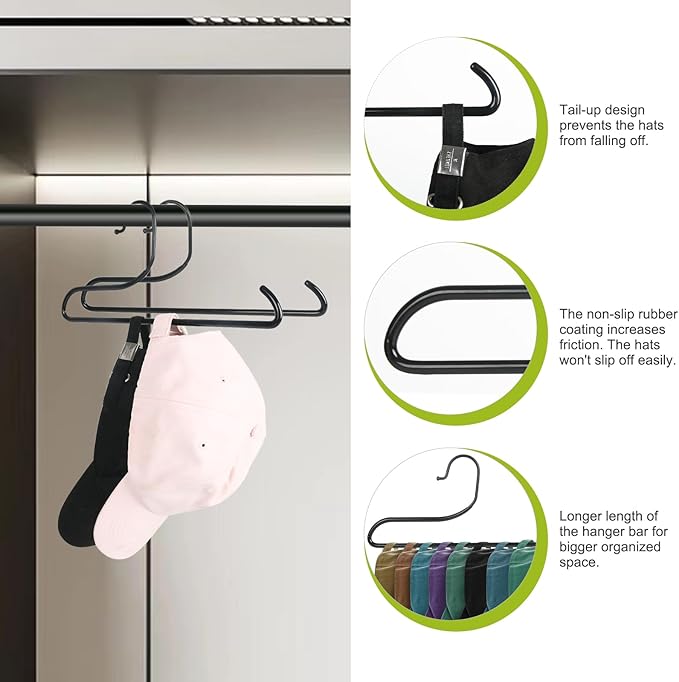 Hat Organizer for Baseball Caps, 2 Pack Metal Hat Hangers for Closet, Hat Rack Hat Holder Baseball Cap Storage Organizer Holds 20 Caps-Black