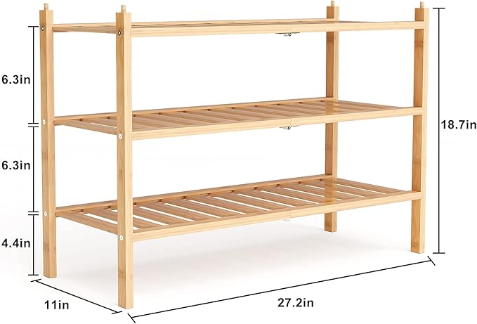 Dranixly Shoe Rack, 3-Tier Bamboo Stackable Shelf Storage Organizer, Stand for Closet, Entryway, Hallway, Bathroom and Living Room（Natural）