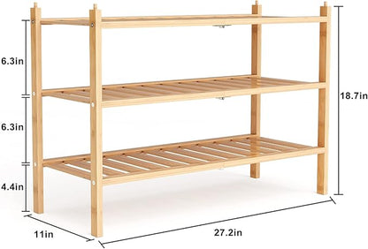 Dranixly Shoe Rack, 3-Tier Bamboo Stackable Shelf Storage Organizer, Stand for Closet, Entryway, Hallway, Bathroom and Living Room（Natural）