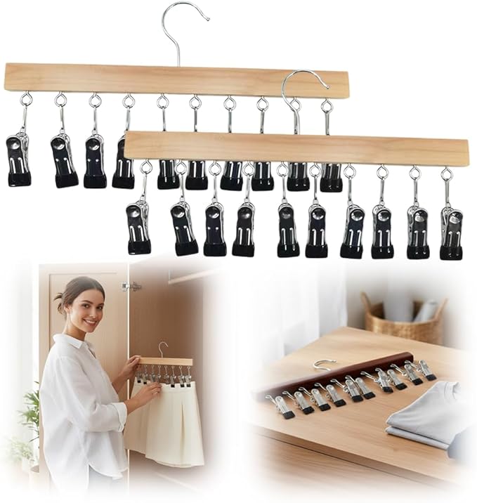 Legging Organizer for Closet, 2026 New Pants Hangers with 10 Clips, Space-Saving Clothes and Hat Storage Hook, Hanging Closet Organizer Hanger Clips for Skirts, Shorts, Trousers, Socks (Wood*2)
