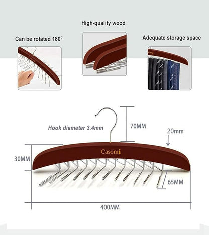Tie Rack,24 Hook Tie Holder,360° Rotating,Foldable Metal Hooks,Tie Hanger Organizer for Closet Wooden Belt Storage Rack for Men Ties Belts Scarves Accessories(Red Brown)