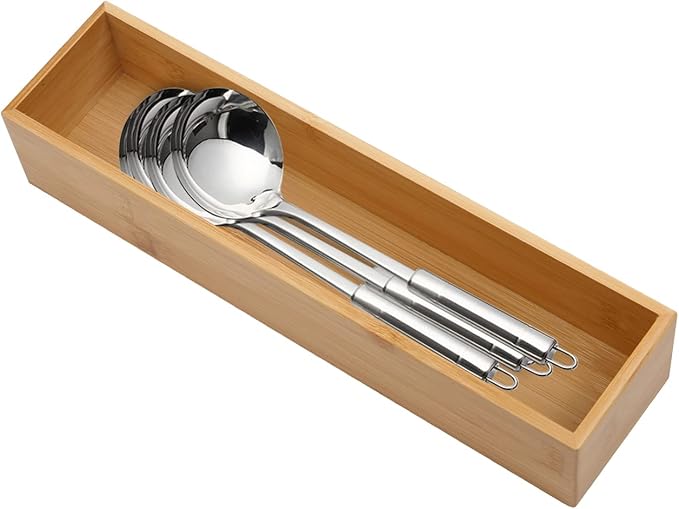 PRATIQUE Bamboo Drawer Organizer - Kitchen Utensil Organizer Silverware Tray Cutlery Holder，Office Desk Supplies and Accessories (12x3x2.6 inch)
