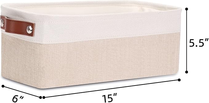 DULLEMELO Fabric Bathroom Storage Bin with Leather Handles, Narrow Organizer for Towels, Toilet Paper Rolls, Storage Basket for Back of Toilet, Vanities, Shelves & Cabinets (White&Khaki)