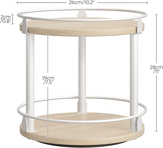 YATINEY Lazy Susan Organizer, Rotating Spice Rack, 2 Tier Spice Turntable Organizer, Industrial Turntable Spice Holder, for Kitchen Countertop, Compact and Versatile, White and Light Oak SR22WG