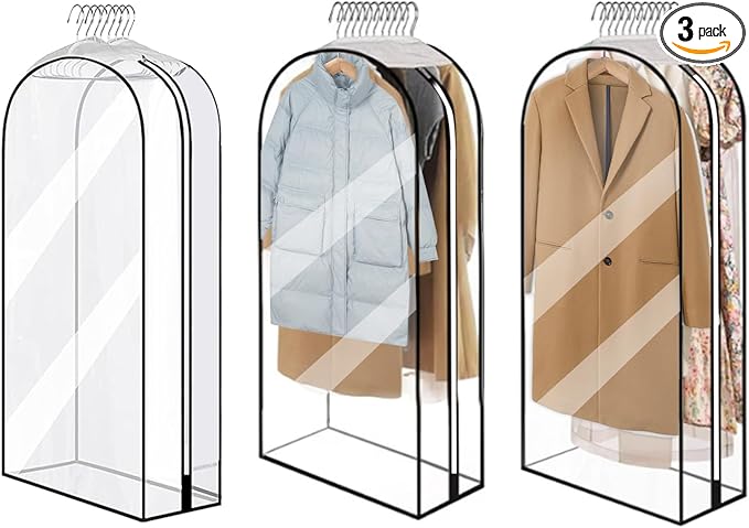 10” Gusseted Clear Garment Bags, 40” Hanging Suit Bags for Closet Storage - Protect Clothes, Suits, Coats, Dresses - 3 Pack (43 inch)