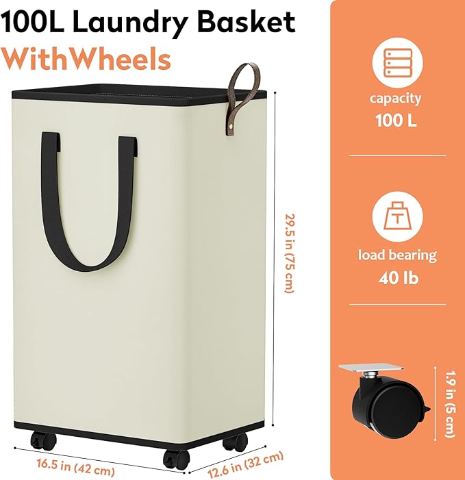 SpaceTrove Laundry Basket with Wheels, Collapsible Laundry Baskets, Laundry Hamper with Handles Detachable Wheels, Rolling Laundry Basket, Dirty Clothes Hamper for Bathroom, Dorm, Bedroom, Cream, 100L