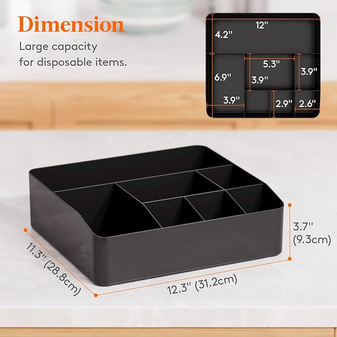 Lifewit Paper Plate Organizer for Kitchen Countertop, Plastic Silverware Caddy for Party, Utensil Holder with 7 Compartment, Cutlery Flatware Dispenser Box for Cup Spoon Fork Napkin, Black, 29 -31cm