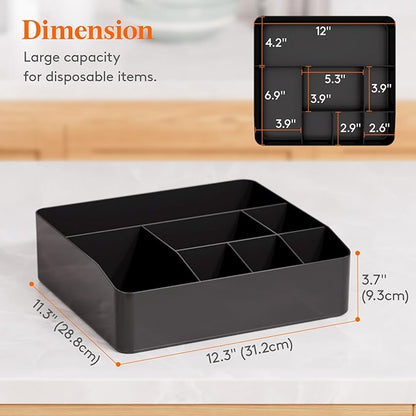 Lifewit Paper Plate Organizer for Kitchen Countertop, Plastic Silverware Caddy for Party, Utensil Holder with 7 Compartment, Cutlery Flatware Dispenser Box for Cup Spoon Fork Napkin, Black, 29 -31cm