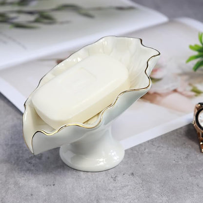 Soap Dish Ceramic White Lotus Leaf Shape Soap Holder Self Draining Soap Dish Waterfall Slot Sponge Holder Bathroom Accessories for Bathroom, Kitchen,Bar Counter.
