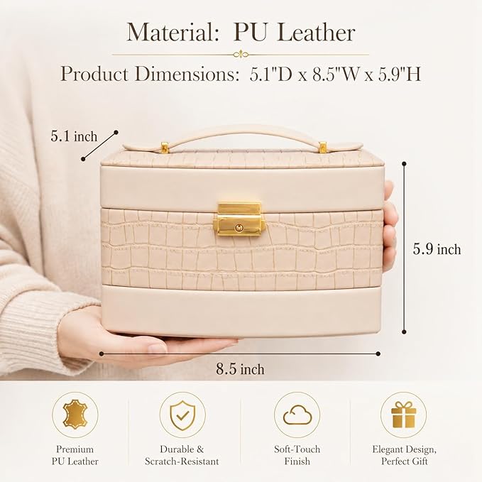 Elegant 3 Layer Lockable Jewelry Box for Women – Mirrored Jewelry Organizer with Key & Drawer, Travel Friendly PU Leather Storage Case,Gift for Wife, Mom, Daughter (off-white)