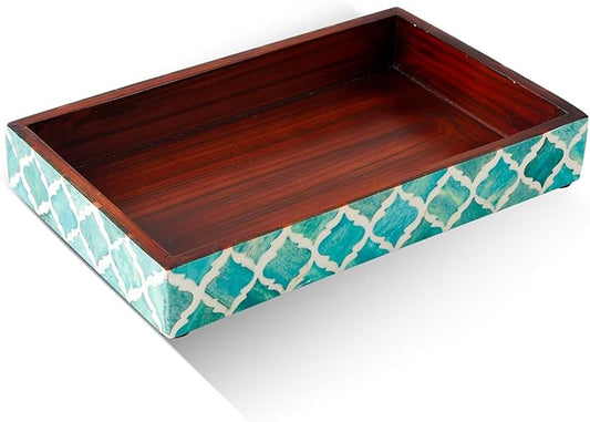 Handicrafts Home 10"x6" Vanity Tray for Bathroom Countertop, Moroccan Bone Inlay Decorative Organizer Tray for Perfume, Jewelry, Cosmetics & Dresser Decor, Rectangular Catchall Tray, Green White
