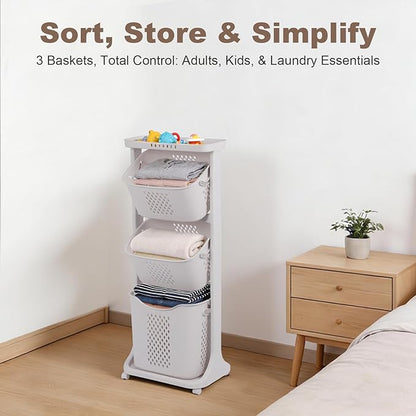 FAHKNS 3-Tier Laundry Sorter Cart with Wheels, Large 75L Capacity Hamper Organizer, Rolling Storage with Removable Mesh Bins for Laundry Use in Home, Dorm, Apartment (17.3" x 13.1" x 42.6)