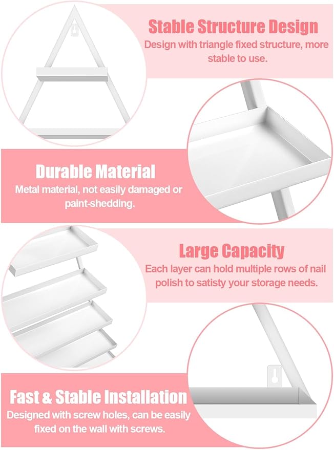 10PCS Metal Wall-mounted Nail Polish Storage Racks, Lorvain 5 Tiers White Triangular Display Rack Cosmetic Display Case Lipstick Perfume Wall Shelf Essential Oil Organizer for Home Spa Nail Salon Shop