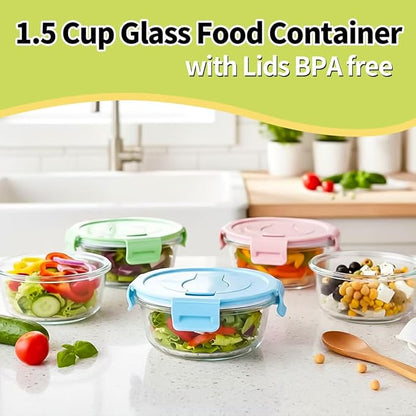 1.5 Cup Round Glass Food Container with Lids and Folding spoon, Small Round Glass Storage Container, 12oz Food Bowls with Spoons for Lunch Office, Oven, Freezer, Dishwasher Safe (4Pack)