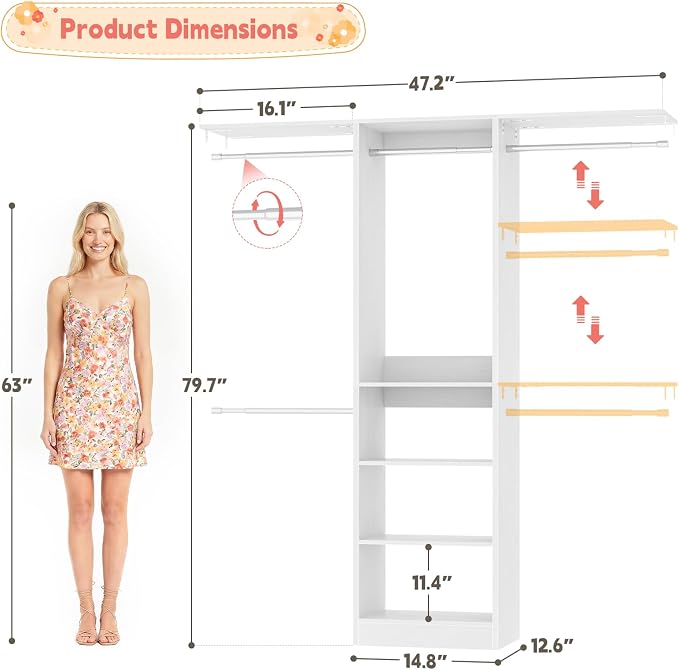 iSunirm 48" Small Closet System, Space-Saving Wall-Mounted Wardrobe Organizer, Mini Garment Rack for Narrow Spaces, Morning Outfit Prep Station & Nursery Dress-up Storage, White