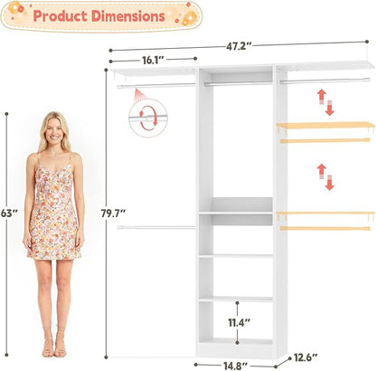 iSunirm 48" Small Closet System, Space-Saving Wall-Mounted Wardrobe Organizer, Mini Garment Rack for Narrow Spaces, Morning Outfit Prep Station & Nursery Dress-up Storage, White