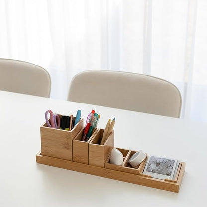 Bamboo Vanity Tray, 6-Piece Bathroom Countertop Vanity Tray Set, Makeup Kitchen Desk Organizer and Storage - Holds Small Items