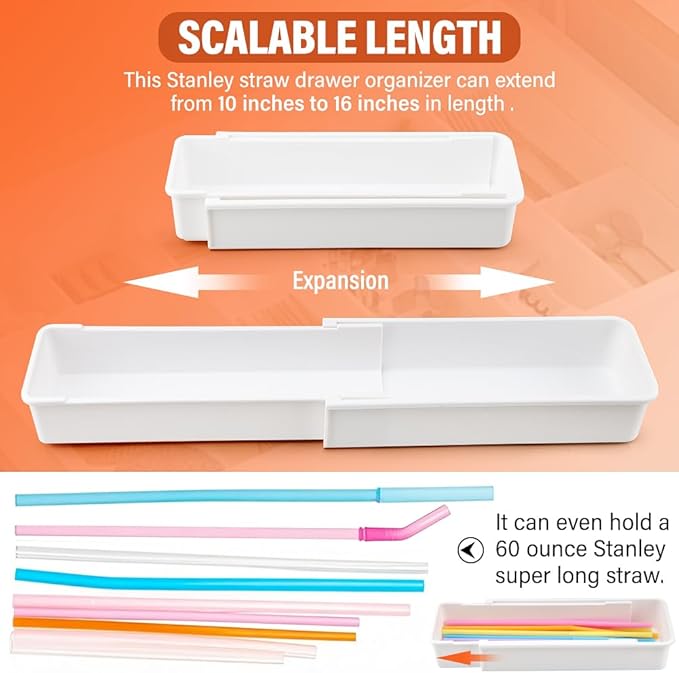 Expandable Straw Organizer Drawer Organizers for Cabinet, Multi-Functional Plastic Straw Storage Fits 60oz Straws, Reusable and Adjustable
