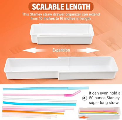 Expandable Straw Organizer for Cabinet, Reusable Multi-Functional Long Straw Drawer Storage for Kitchen Home(COLOR:White)