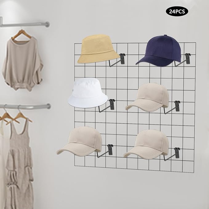 24Pcs Hat Hooks Wire Grid Wall Hat Holder Hat Display Multiple Hooks for Gridwall for Retail Cloth Wardrobe Black