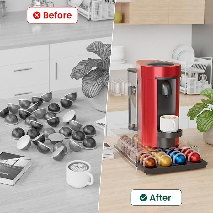 Storage Drawer for Nespresso Vertuo, Coffee Pod Holder for Counter Acrylic Top & Plastic Drawer Coffee Capsule Organizer - 40 Pods