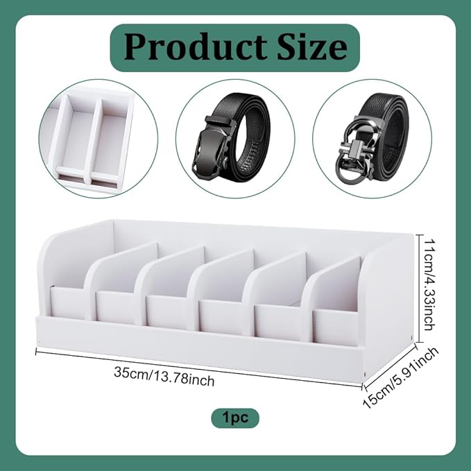 UNICRAFTALE 35cm White Wood Belts Organizer Box Belt Organizer Tie and Belt Storage Holders 6-Compartment Belts Organizer and Displayer for Closet and Drawer Organizer Men Women