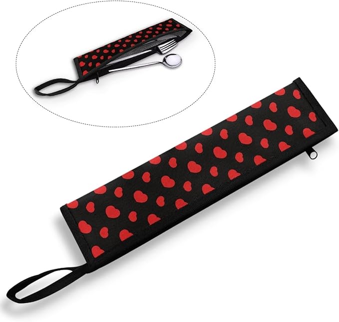 COEQINE Travel Silverware Holder 11.8 x 2.7 Inch Leafproof Black Pink Lovely Heart Cutlery Flatware Organziers for Straw Spoon Fork Chopsticks for Travel Women