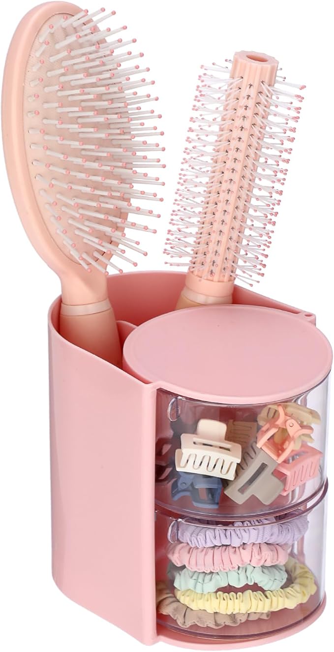 Plastic Hair Accessories Organizer with Brush Holder Rotating Makeup Container Jewelry Storage Box for Vanity Bathroom Countertop, 2-Layer Pink